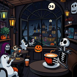 A whimsical coffee shop inspired by 'The Nightmare Before Christmas', featuring a dark yet magical atmosphere