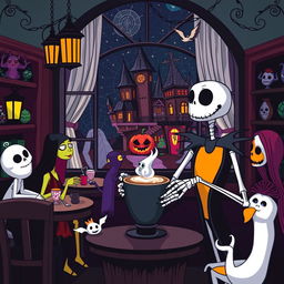 A whimsical coffee shop inspired by 'The Nightmare Before Christmas', featuring a dark yet magical atmosphere