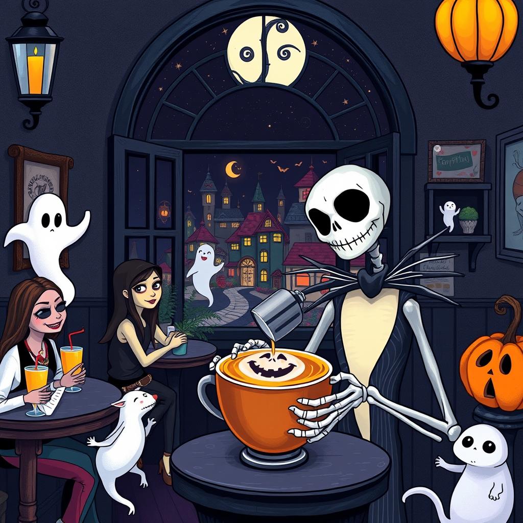 A whimsical coffee shop inspired by 'The Nightmare Before Christmas', featuring a dark yet magical atmosphere