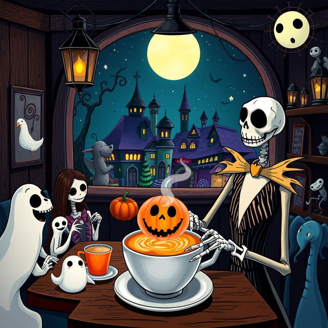 A whimsical coffee shop inspired by 'The Nightmare Before Christmas', featuring a dark yet magical atmosphere