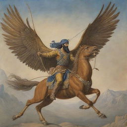 The legendary Simurgh of Persian lore, seen flying with the heroic figure of Arash the Archer.