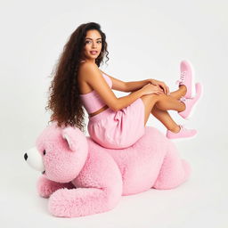 A high fashion photo featuring a young brunette woman with long, curly hair, styled beautifully