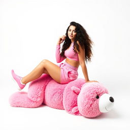 A high fashion photo featuring a young brunette woman with long, curly hair, styled beautifully