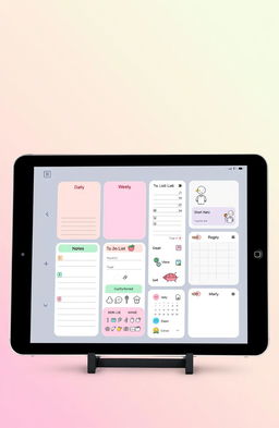 A sleek and modern digital planner interface showcased on a tablet screen, featuring colorful sections for daily, weekly, and monthly planning