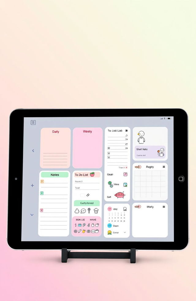 A sleek and modern digital planner interface showcased on a tablet screen, featuring colorful sections for daily, weekly, and monthly planning