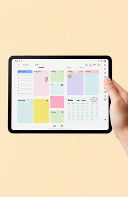 A sleek and modern digital planner interface showcased on a tablet screen, featuring colorful sections for daily, weekly, and monthly planning