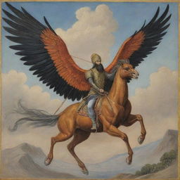 The legendary Simurgh of Persian lore, seen flying with the heroic figure of Arash the Archer.