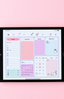 A sleek and modern digital planner interface showcased on a tablet screen, featuring colorful sections for daily, weekly, and monthly planning