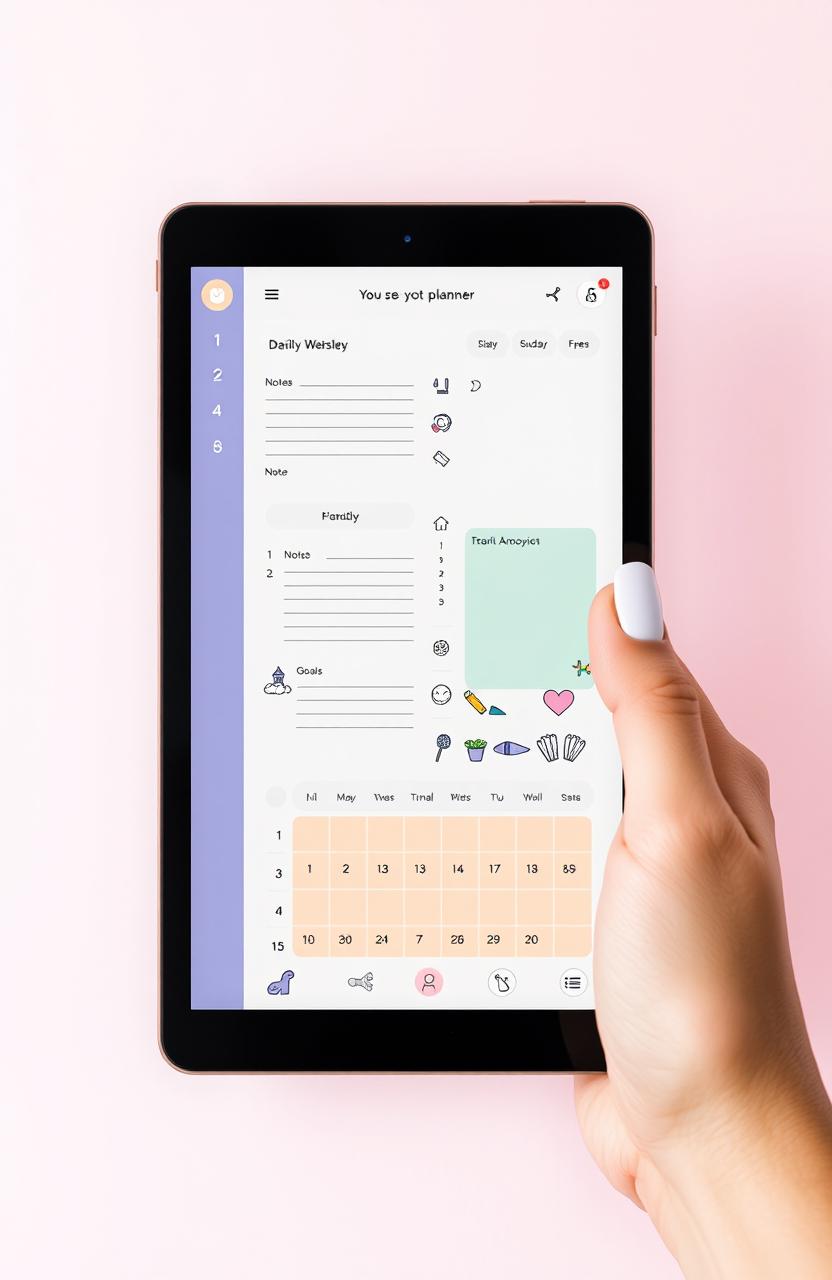 A sleek and modern digital planner interface showcased on a tablet screen, featuring colorful sections for daily, weekly, and monthly planning