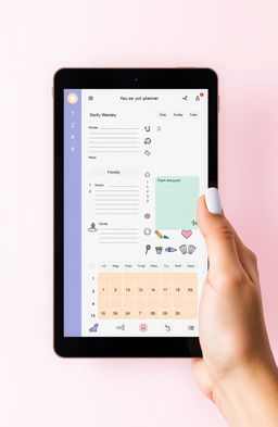 A sleek and modern digital planner interface showcased on a tablet screen, featuring colorful sections for daily, weekly, and monthly planning