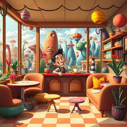 A whimsical coffee shop scene inspired by the Strange World of Jack