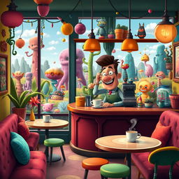 A whimsical coffee shop scene inspired by the Strange World of Jack