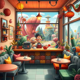 A whimsical coffee shop scene inspired by the Strange World of Jack