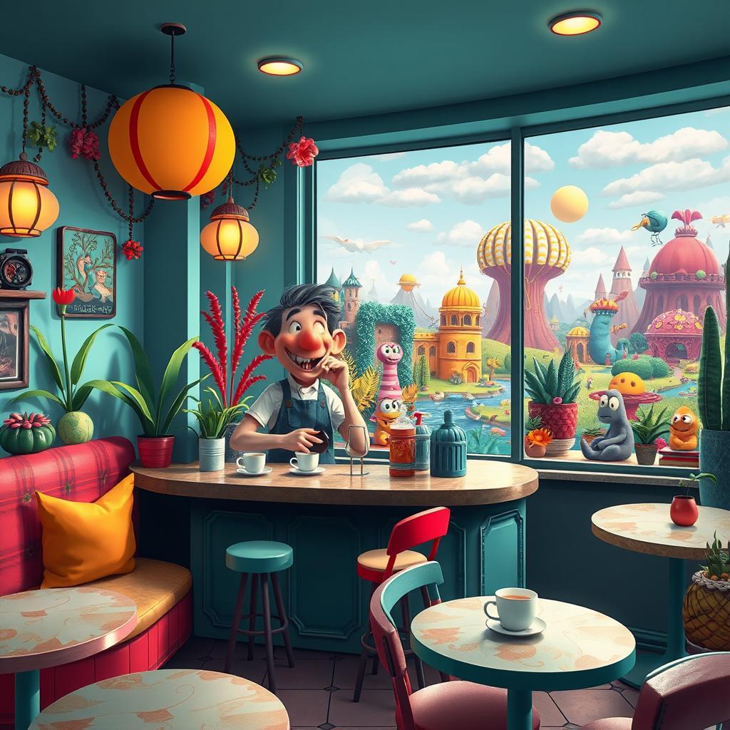 A whimsical coffee shop scene inspired by the Strange World of Jack