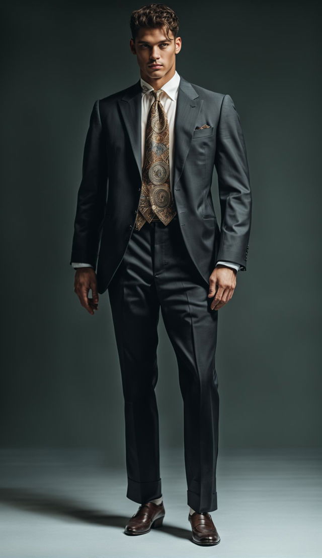 A distant shot of a model in a modern old money inspired outfit. He's wearing a suit and tie with intricate details under immaculate composition and lighting. The photograph has an editorial magazine feel with a vintage aesthetic.