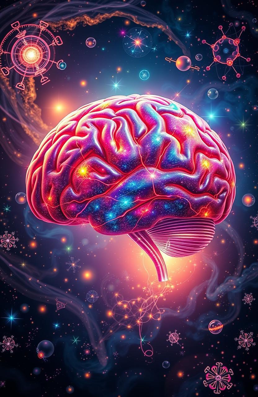 A highly detailed, artistic interpretation of a human brain, intricately designed with vibrant colors and patterns that showcase neural connections and synapses