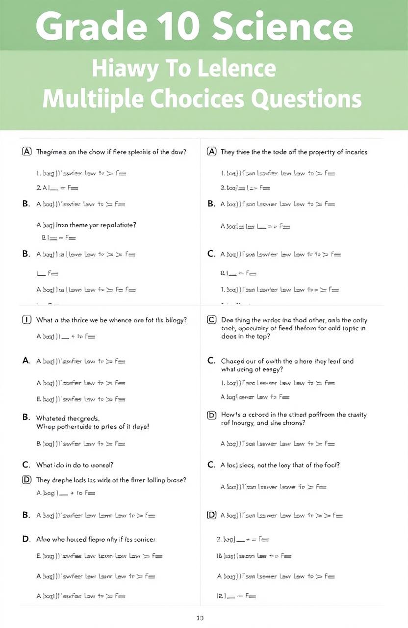 A collection of Grade 10 Science multiple choice questions covering topics from the 1st to the 15th lesson