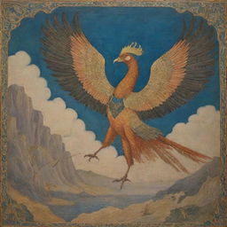 The mythical Simurgh bird from Persian legends, accompanied by Arash the Archer, both depicted in a glorious scene of ancient folklore.