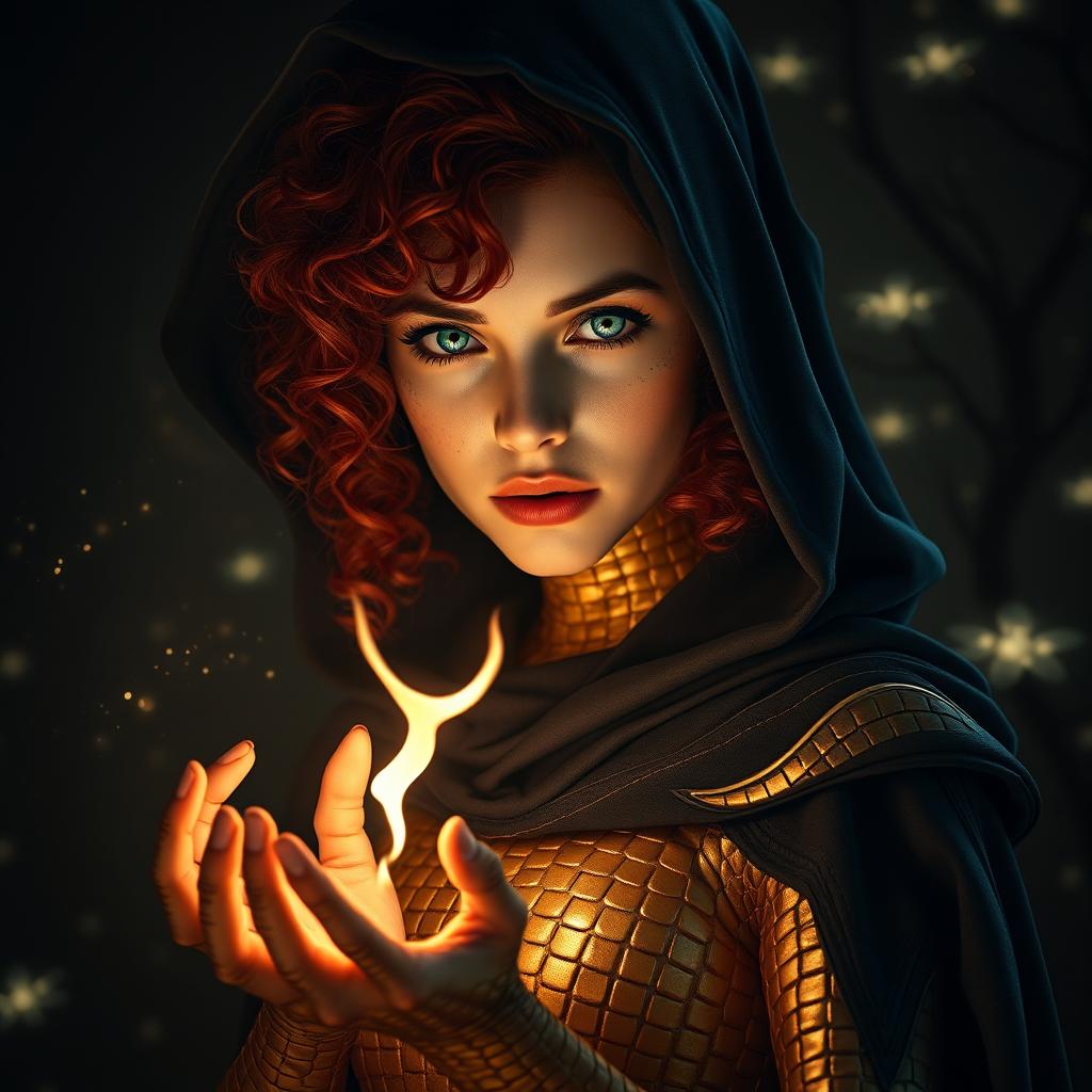 Cinematic full body shot of a fantasy sorceress, a young woman with curly red hair and striking emerald green eyes