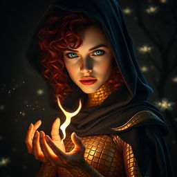 Cinematic full body shot of a fantasy sorceress, a young woman with curly red hair and striking emerald green eyes