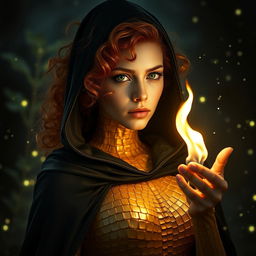 Cinematic full body shot of a fantasy sorceress, a young woman with curly red hair and striking emerald green eyes