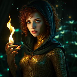 Cinematic full body shot of a fantasy sorceress, a young woman with curly red hair and striking emerald green eyes