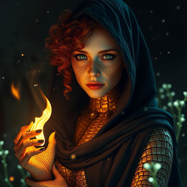 Cinematic full body shot of a fantasy sorceress, a young woman with curly red hair and striking emerald green eyes