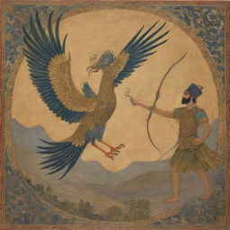 The mythical Simurgh bird from Persian legends, accompanied by Arash the Archer, both depicted in a glorious scene of ancient folklore.