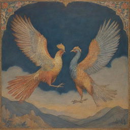 The mythical Simurgh bird from Persian legends, accompanied by Arash the Archer, both depicted in a glorious scene of ancient folklore.