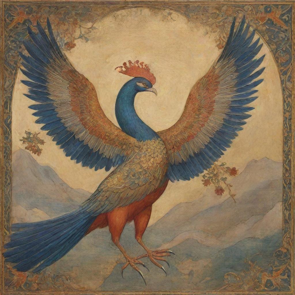 The mythical Simurgh bird from Persian legends, accompanied by Arash the Archer, both depicted in a glorious scene of ancient folklore.