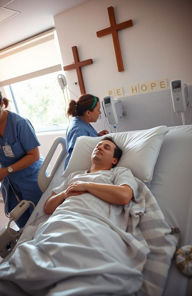 A person lying in a hospital bed, looking ill, surrounded by medical equipment such as IV drips and monitors