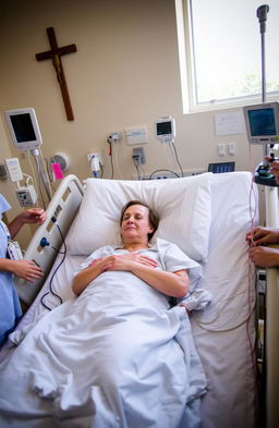 A person lying in a hospital bed, looking ill, surrounded by medical equipment such as IV drips and monitors
