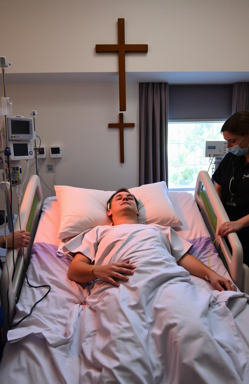 A person lying in a hospital bed, looking ill, surrounded by medical equipment such as IV drips and monitors