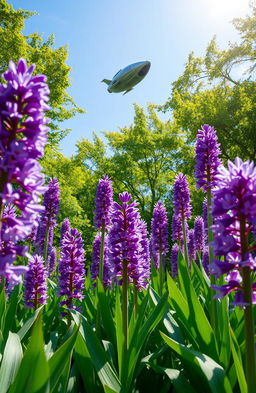 A vibrant scene featuring water hyacinth flowers in full bloom, showcasing rich purple and green tones, surrounded by lush, abundant green trees with thick foliage