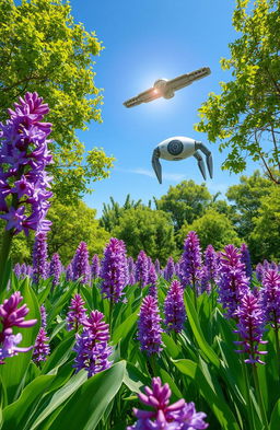 A vibrant scene featuring water hyacinth flowers in full bloom, showcasing rich purple and green tones, surrounded by lush, abundant green trees with thick foliage