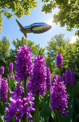 A vibrant scene featuring water hyacinth flowers in full bloom, showcasing rich purple and green tones, surrounded by lush, abundant green trees with thick foliage