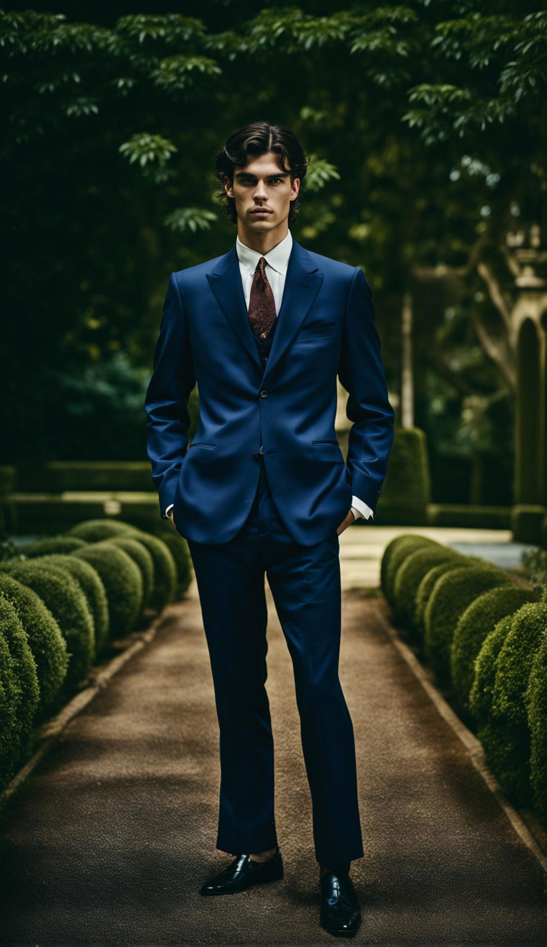 A distant shot of a model dressed in a modern old money inspired suit and tie, captured in an editorial magazine style photoshoot with intense lighting and immaculate composition.