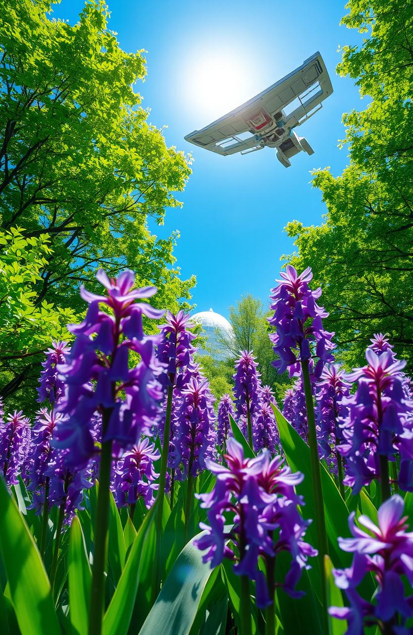 A vibrant scene featuring water hyacinth flowers in full bloom, showcasing rich purple and green tones, surrounded by lush, abundant green trees with thick foliage