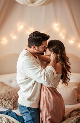 A beautifully intimate scene of a couple embracing, surrounded by soft, warm lighting that creates a romantic atmosphere