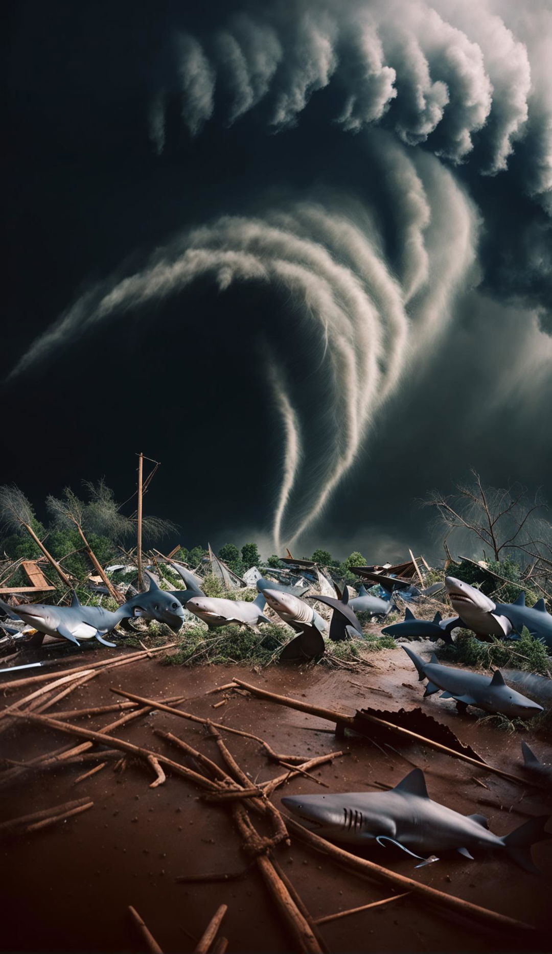 A shark-filled tornado touching down in Oklahoma, USA against a dark sky, with sharks being flung out into the surroundings, captured through a Pentax K-1 Mark II with a 15-30mm lens.