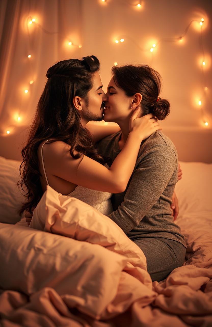 A beautifully intimate scene of a couple embracing, surrounded by soft, warm lighting that creates a romantic atmosphere