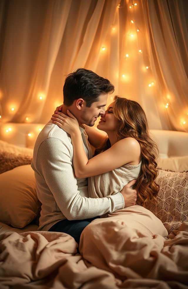 A beautifully intimate scene of a couple embracing, surrounded by soft, warm lighting that creates a romantic atmosphere