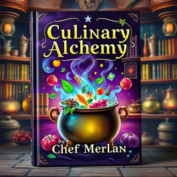 A visually enchanting book cover for 'Culinary Alchemy' by Chef Merlin