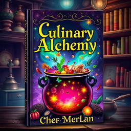 A visually enchanting book cover for 'Culinary Alchemy' by Chef Merlin