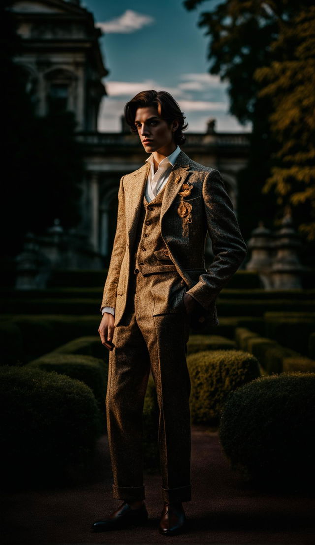 A distant shot of a model in modern old money inspired attire standing in front of an old mansion at sunset. The image has an intense, vintage aesthetic with immaculate composition and lighting.