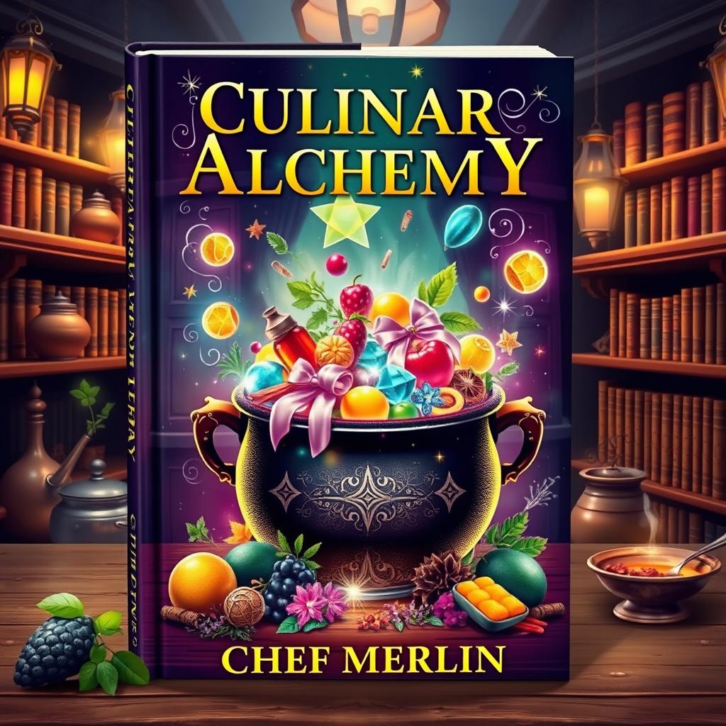 A visually enchanting book cover for 'Culinary Alchemy' by Chef Merlin