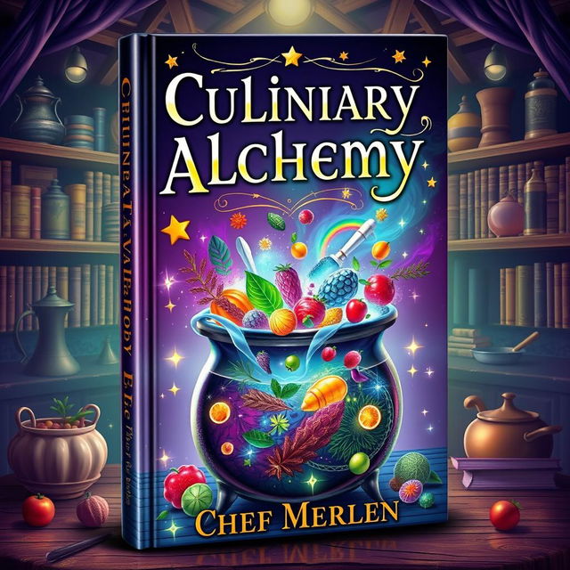 A visually enchanting book cover for 'Culinary Alchemy' by Chef Merlin