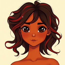 A girl with sun-kissed bronze skin, her wavy dark hair with streaks of red cascading down to her shoulders