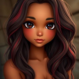 A girl with sun-kissed bronze skin, her wavy dark hair with streaks of red cascading down to her shoulders