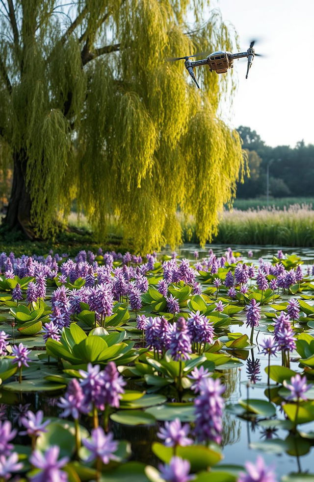 A serene pond filled with lush Water Hyacinth flowers in full bloom, their vibrant purple and green hues casting reflections on the water's surface